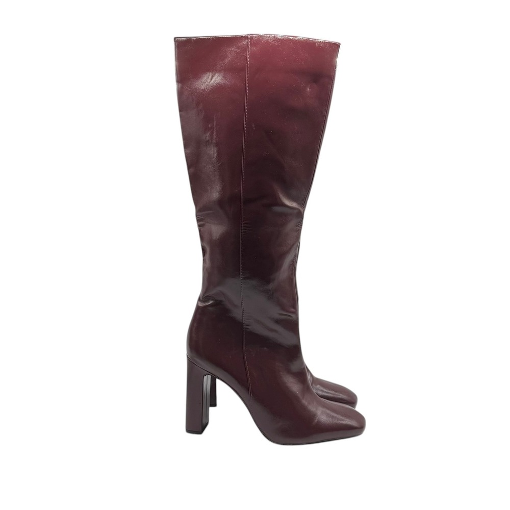 Zara Burgundy Tall Block Heel Boots Square Toe Knee High Wine Red 3010/610/624 - Picture 5 of 10